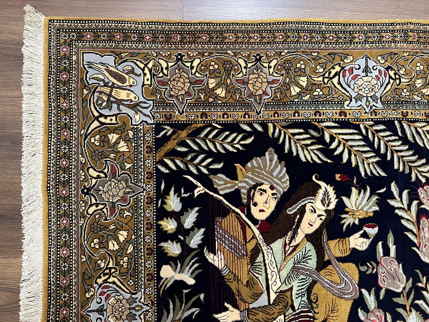 Persian Qum Pictorial Rug With Layla Majnun Birds In Garden Scene 4.8 By 6.5