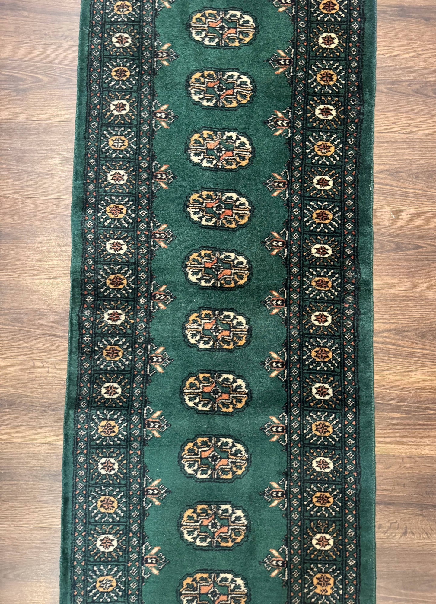 Pakistani Bokhara Runner Rug 2.5x11 Green Wool Hand Knotted Hallway Rug