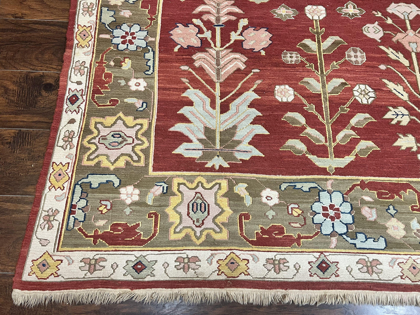 Wool Hand Knotted Indian Rug 10x14 Tree of Life Red Green Contemporary Carpet