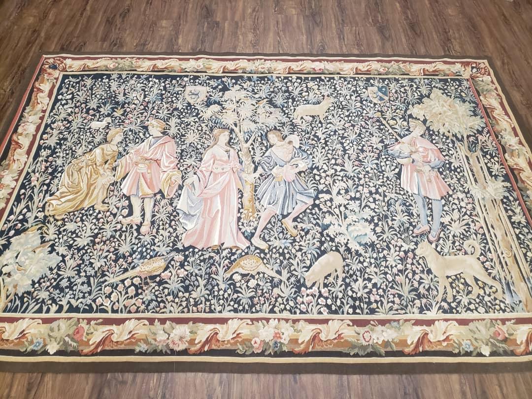 Vintage European Tapestry Aubusson Weave Wool Wall Hanging Courtship Scene Animals