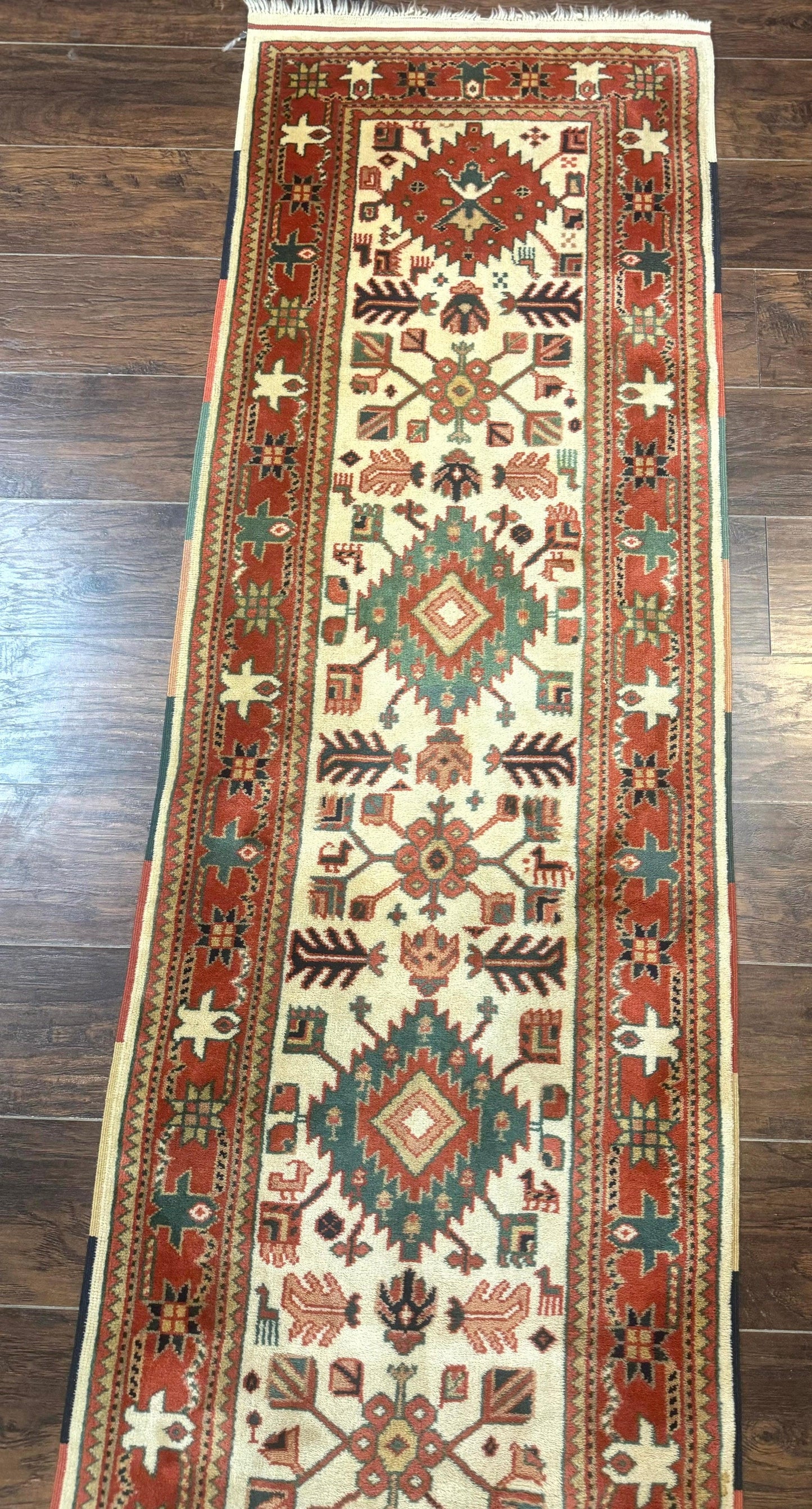 Turkish Runner Rug 2.4 By 8 Feet Kazak Geometric Heriz Pattern Beige And Red Hand Knotted Wool