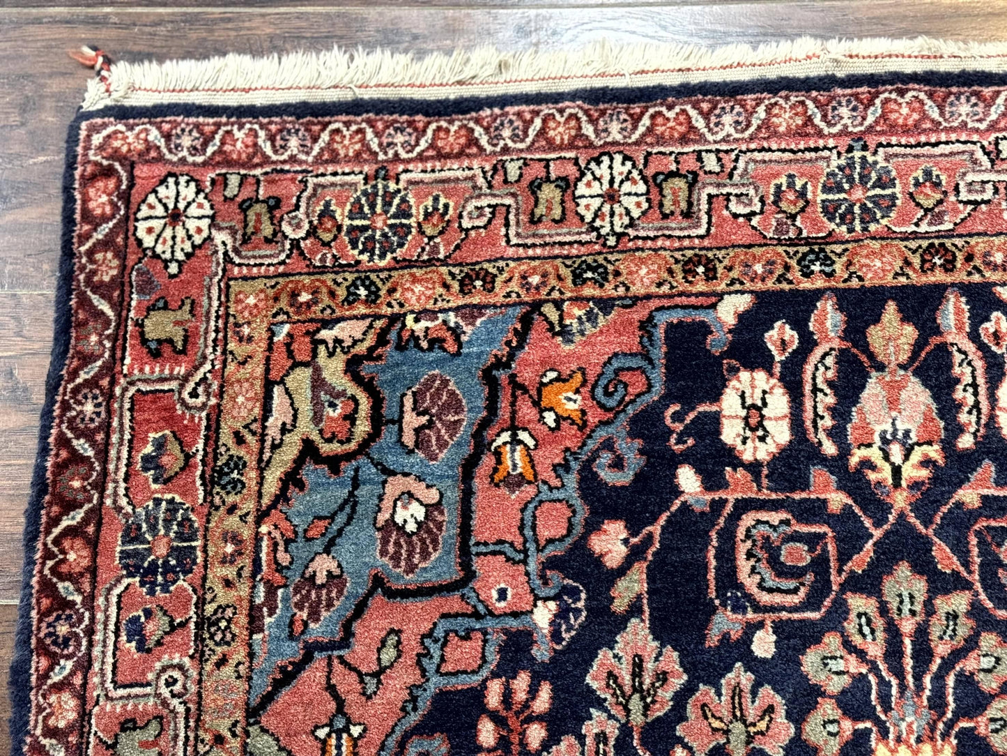 Sarouk Persian Rug Jozan 3x5 Navy Blue And Coral Medallion Handmade Wool