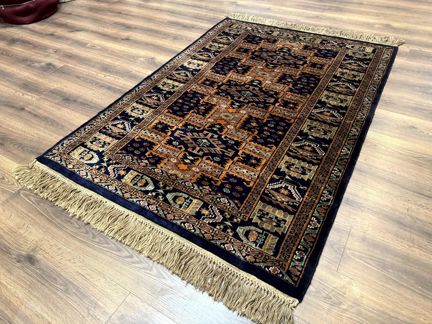 Vintage Afghan Rug 4x6 Hand Knotted Wool Geometric Medallions Navy Blue and Light Brown Tribal Style