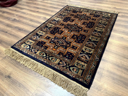 Vintage Afghan Rug 4x6 Hand Knotted Wool Geometric Medallions Navy Blue and Light Brown Tribal Style
