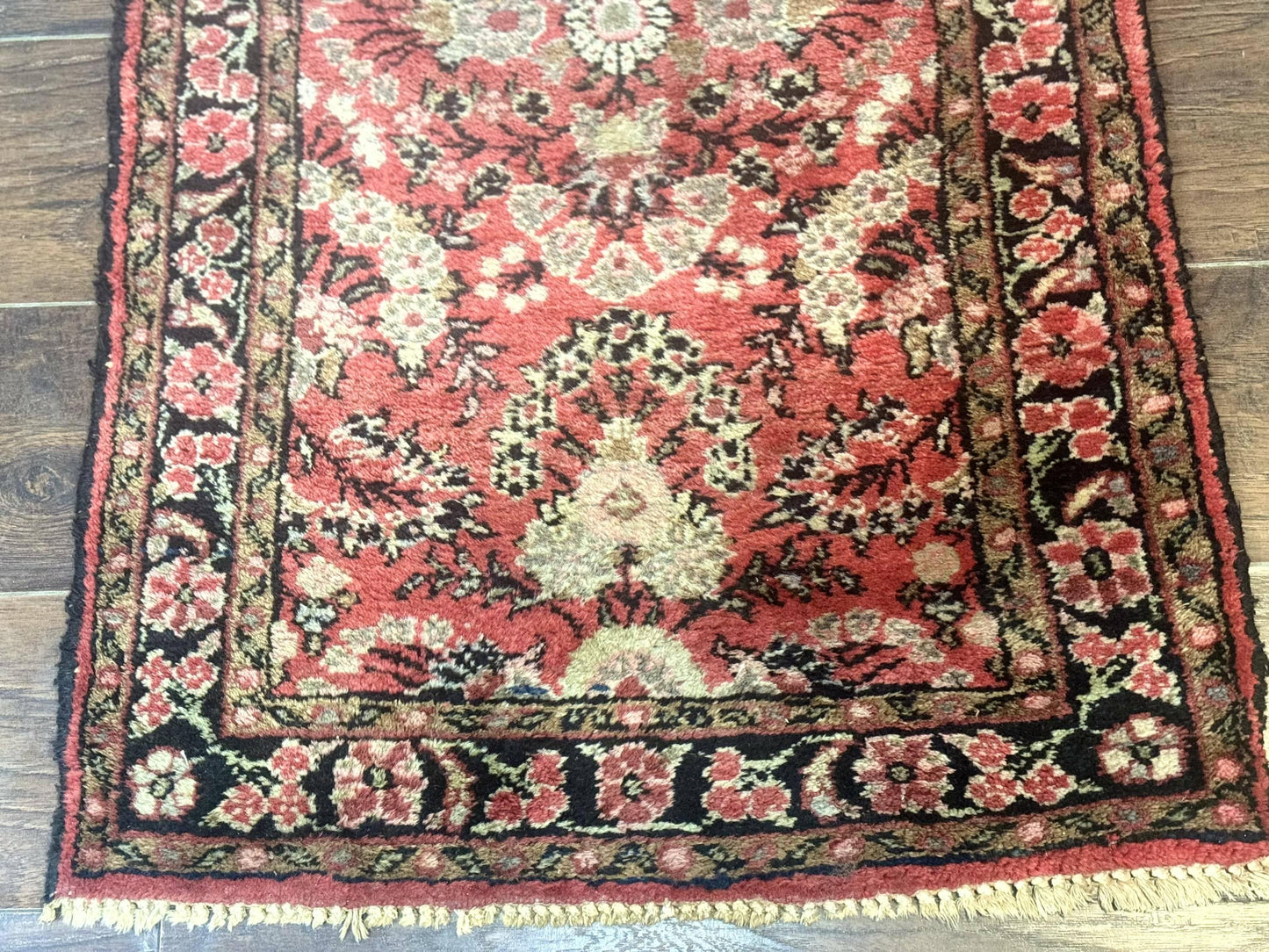 Persian Hamadan Runner Rug 2x13.6 Ft Hand Knotted Wool Red Floral Hallway Carpet
