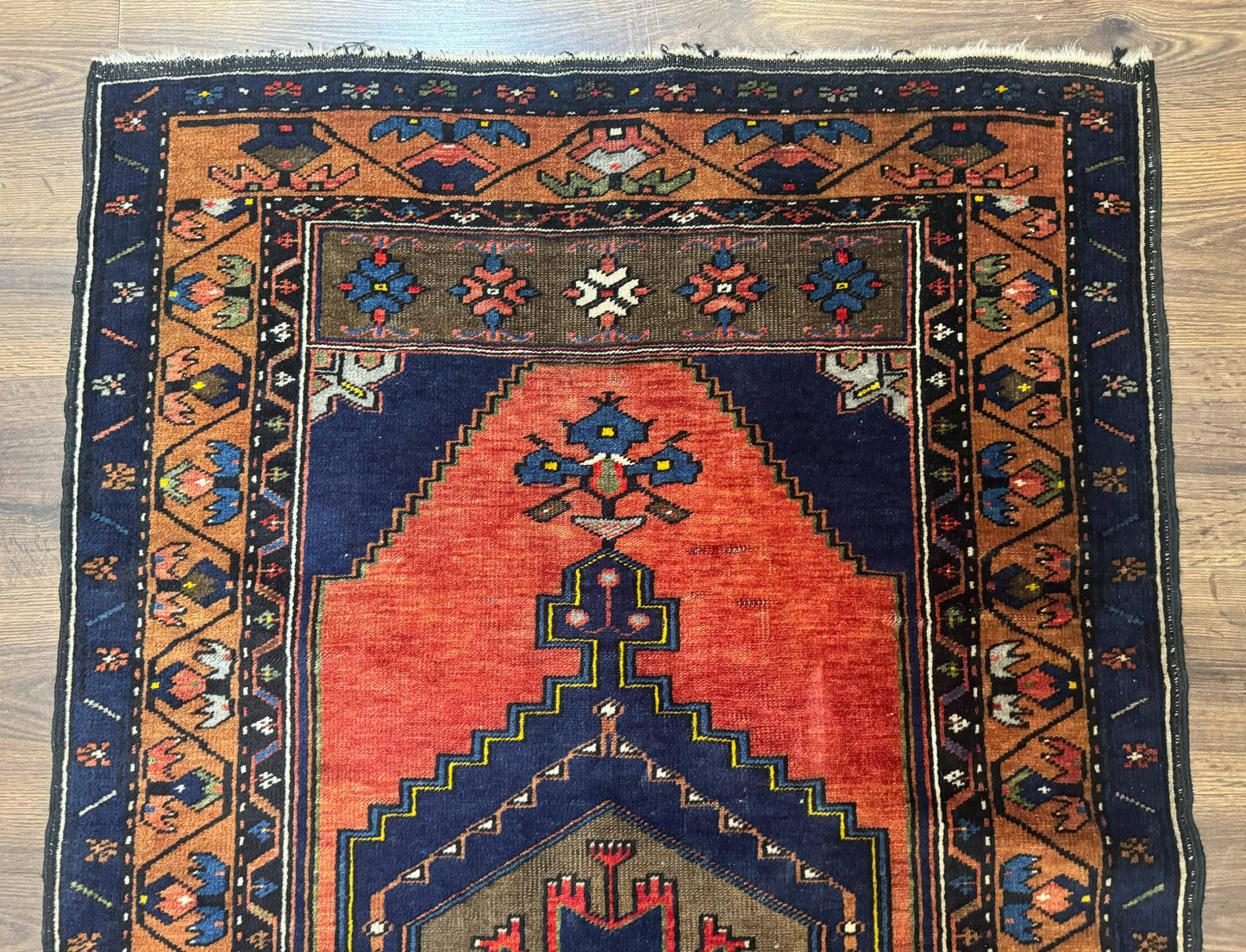 Persian Nahavand Rug 3x6 Geometric Medallion Village Tribal Design In Terracotta And Navy