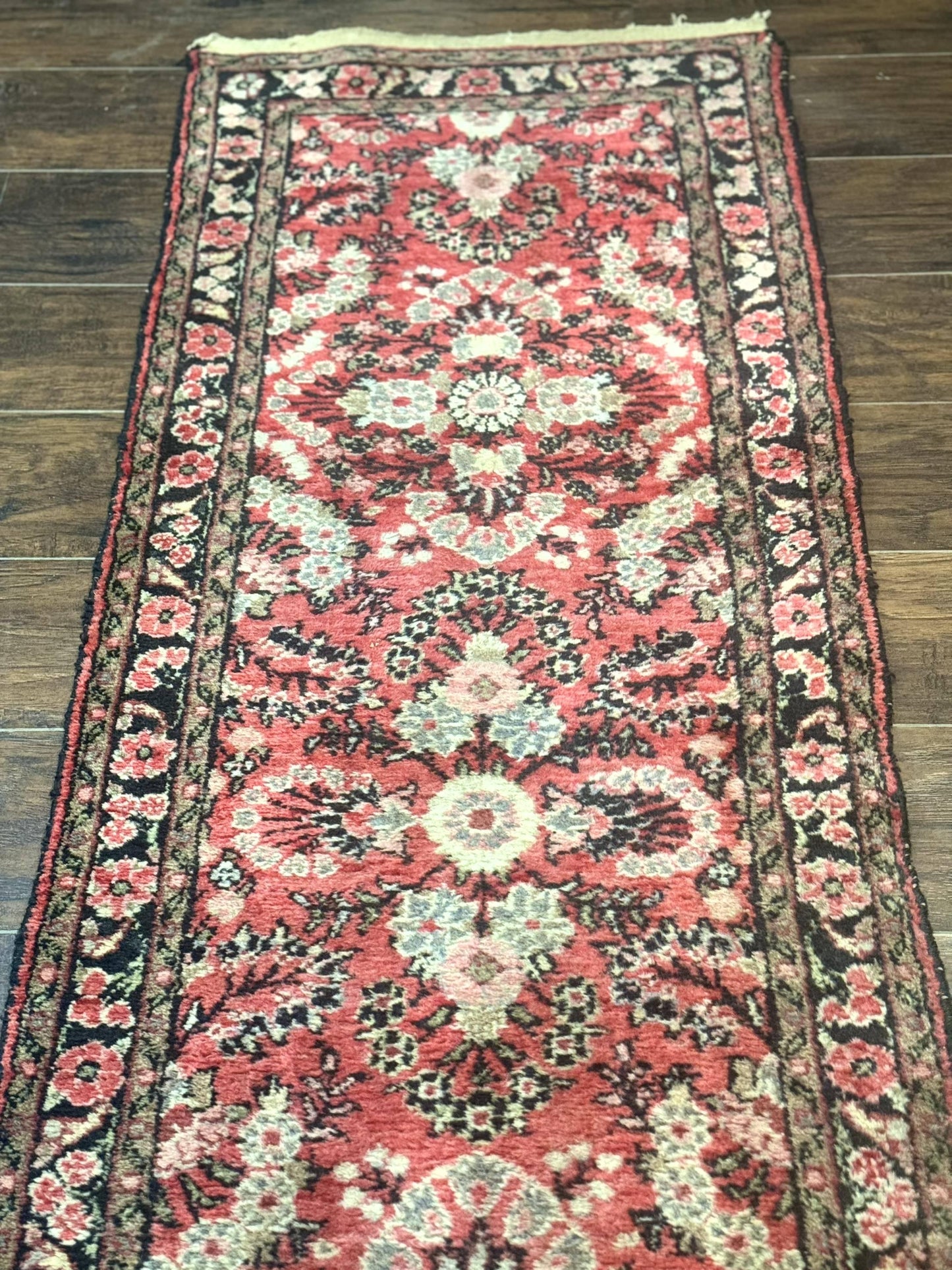 Persian Hamadan Runner Rug 2x13.6 Ft Hand Knotted Wool Red Floral Hallway Carpet