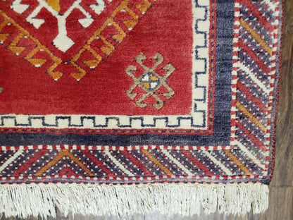 Vintage Turkish Kazak Rug 2.5 by 5 Red Wool Runner With Medallions Geometric Pattern