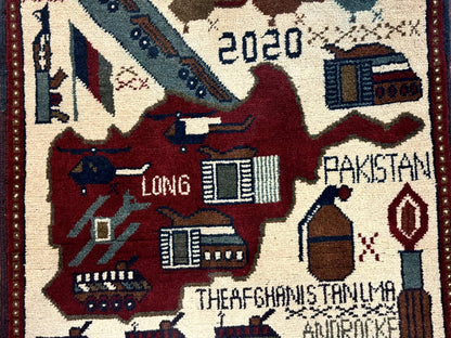Afghan War Rug Hand Knotted Wool 2 X 2.6 Military Scene With Guns Tanks Helicopters