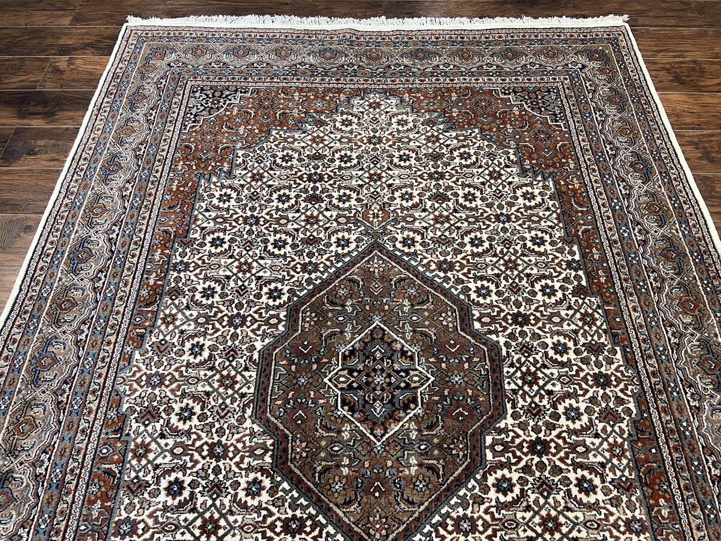 Indo Persian Hand Knotted Wool Rug 7x10 Cream Medallion Vintage Oriental Carpet