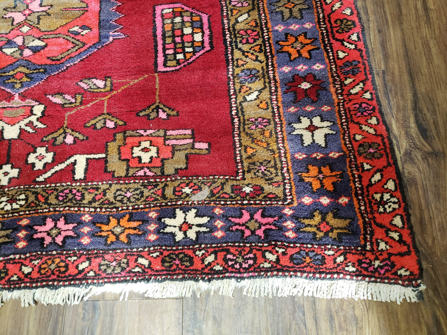 Persian Karajeh Runner Rug Antique Hand Knotted Wool 4.4 By 11 Ft Red Geometric Medallion