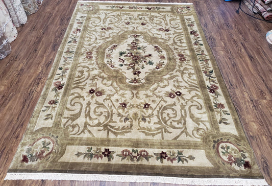 Vintage Nepali Tibetan Aubusson Wool Rug Hand Knotted 6x9 Cream Beige Leaves Floral Pattern