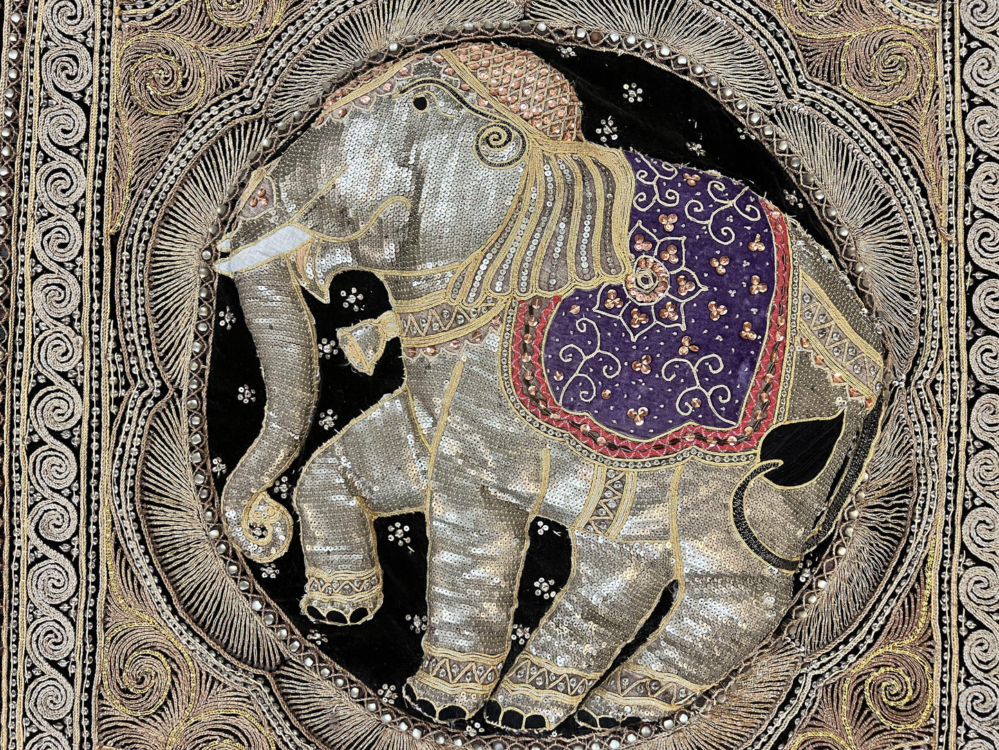 Indian Embroidery Tapestry 3x3 Elephant Design Handcrafted Wool Needlepoint Beadwork