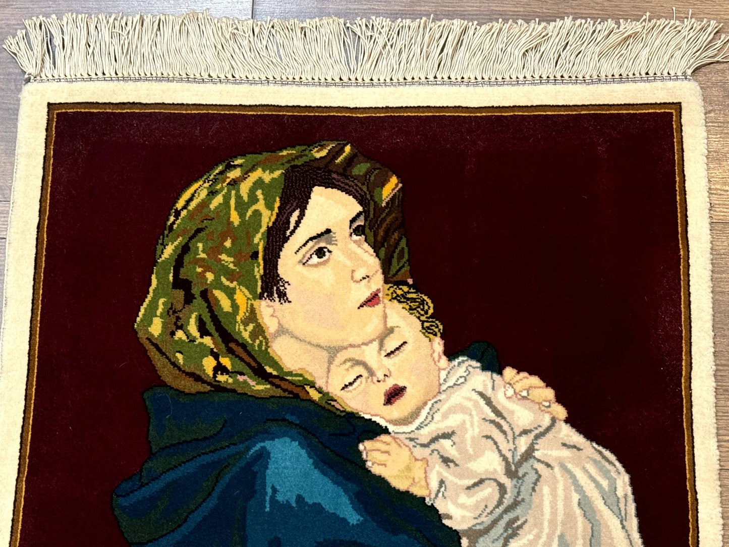 Persian Tabriz Pictorial Rug 2x2 Mother Holding Child Very Fine 340 KPSI Maroon