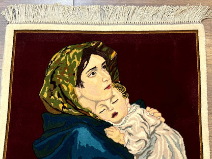 Persian Tabriz Pictorial Rug 2x2 Mother Holding Child Very Fine 340 KPSI Maroon