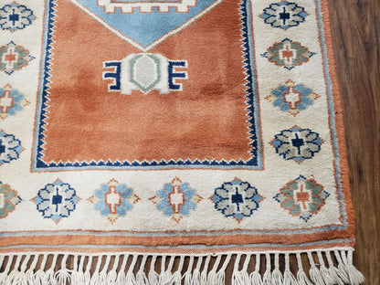 Turkish Area Rug Handmade Vintage Wool Kazak Carpet Three By Five Feet Red Beige