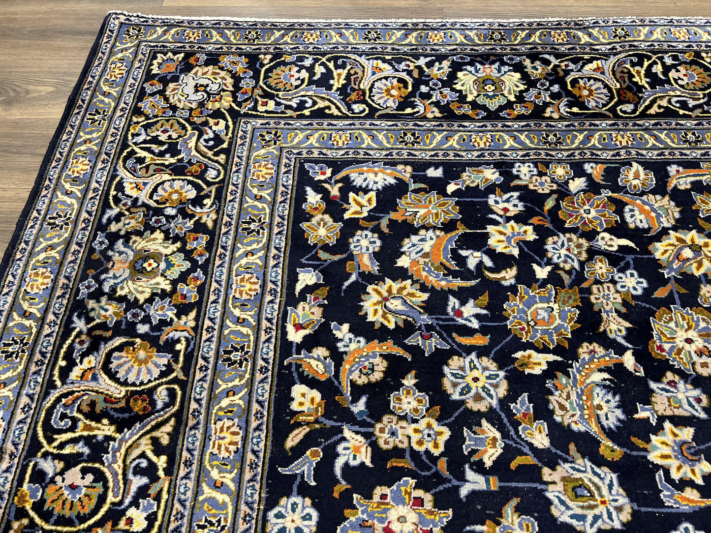 Navy Blue Persian Kashan Rug 11x13 Hand Knotted Wool Antique Carpet Signed Rabani