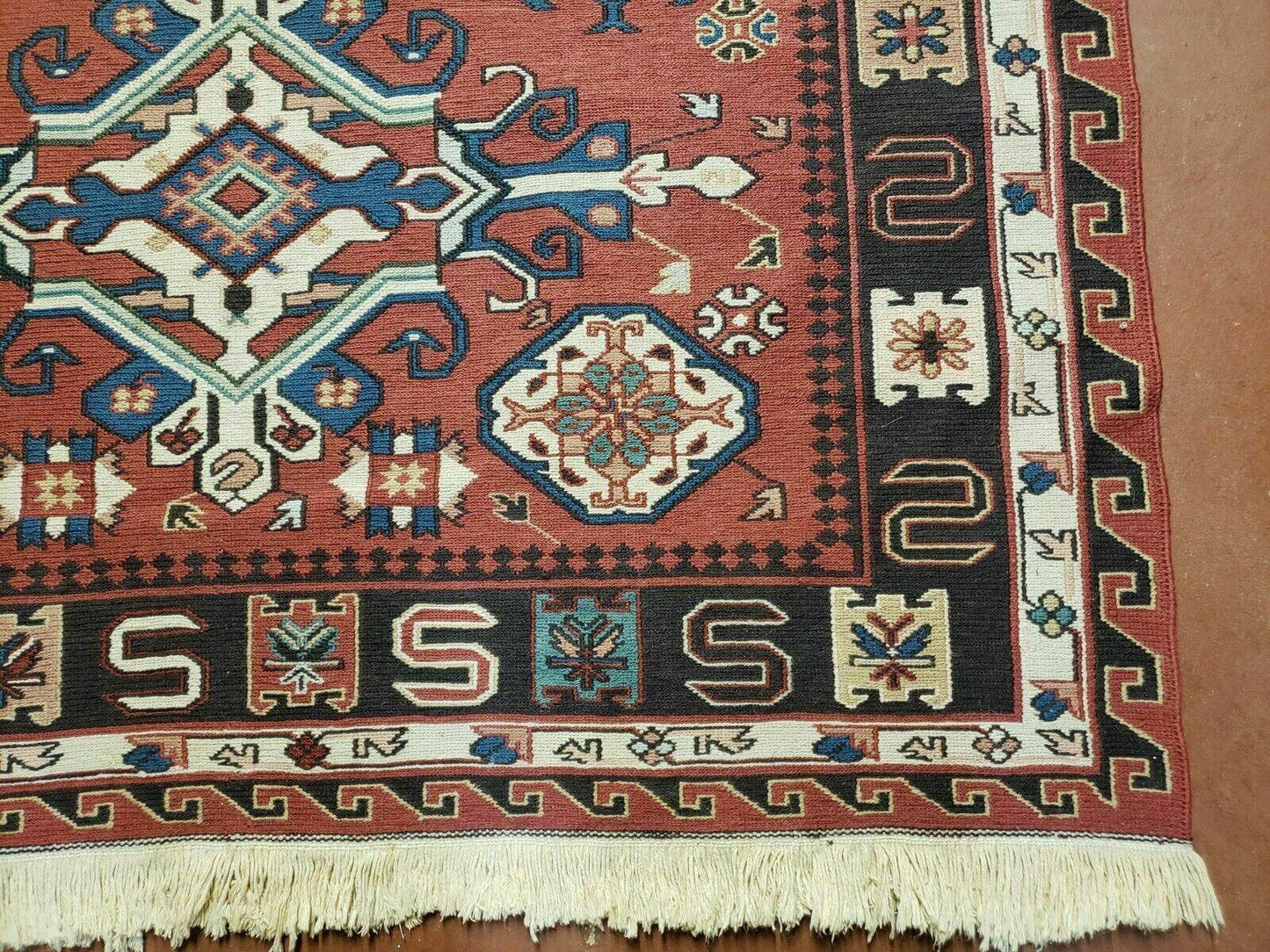 Vintage Russian Kilim Rug Soumak Flat Weave Wool 4x6 Caucasian Handmade 1980s