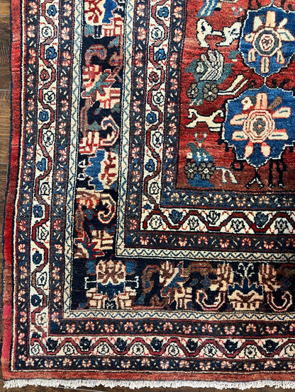 Antique Persian Bijar Rug 9x12 Allover Motif Red Blue Wool Handmade