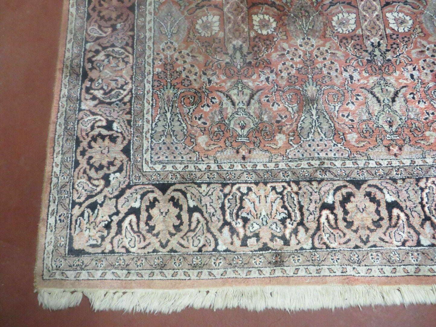 Vintage Indian Silk Rug Kashmir Handmade 6x6 Square Carpet