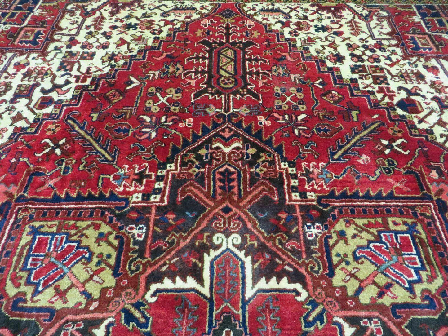 Persian Heriz Rug Hand Knotted Wool Red Ivory Dark Blue 8 Foot 6 Inch By 11 Foot Geometric Medallion Semi Antique