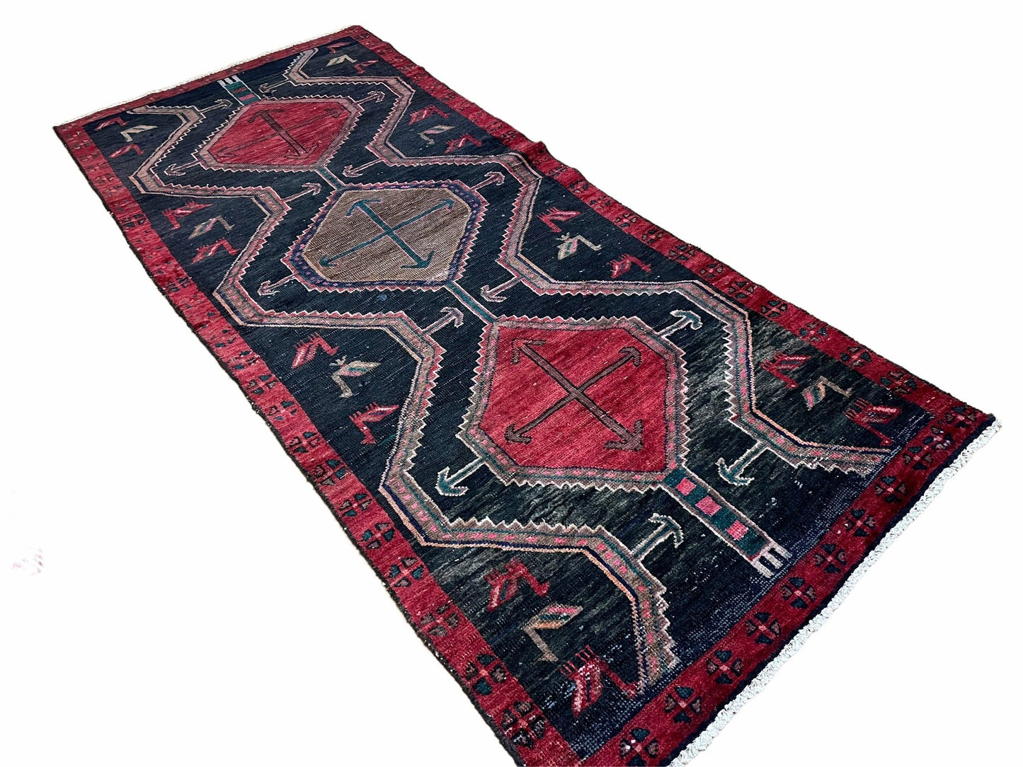Handmade Wool Tribal Runner Rug 3X7 Geometric Boho Red Blue Organic Dyes