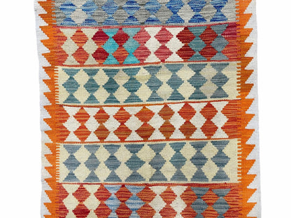 Chobi Kilim Rug 3x4 Colorful Diamond Pattern Turkish Wool Flatweave Handmade