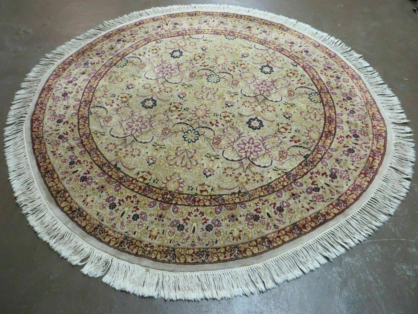 Handmade Indian Wool Rug 6ft Round Silk Accent Carpet With Rich Colors