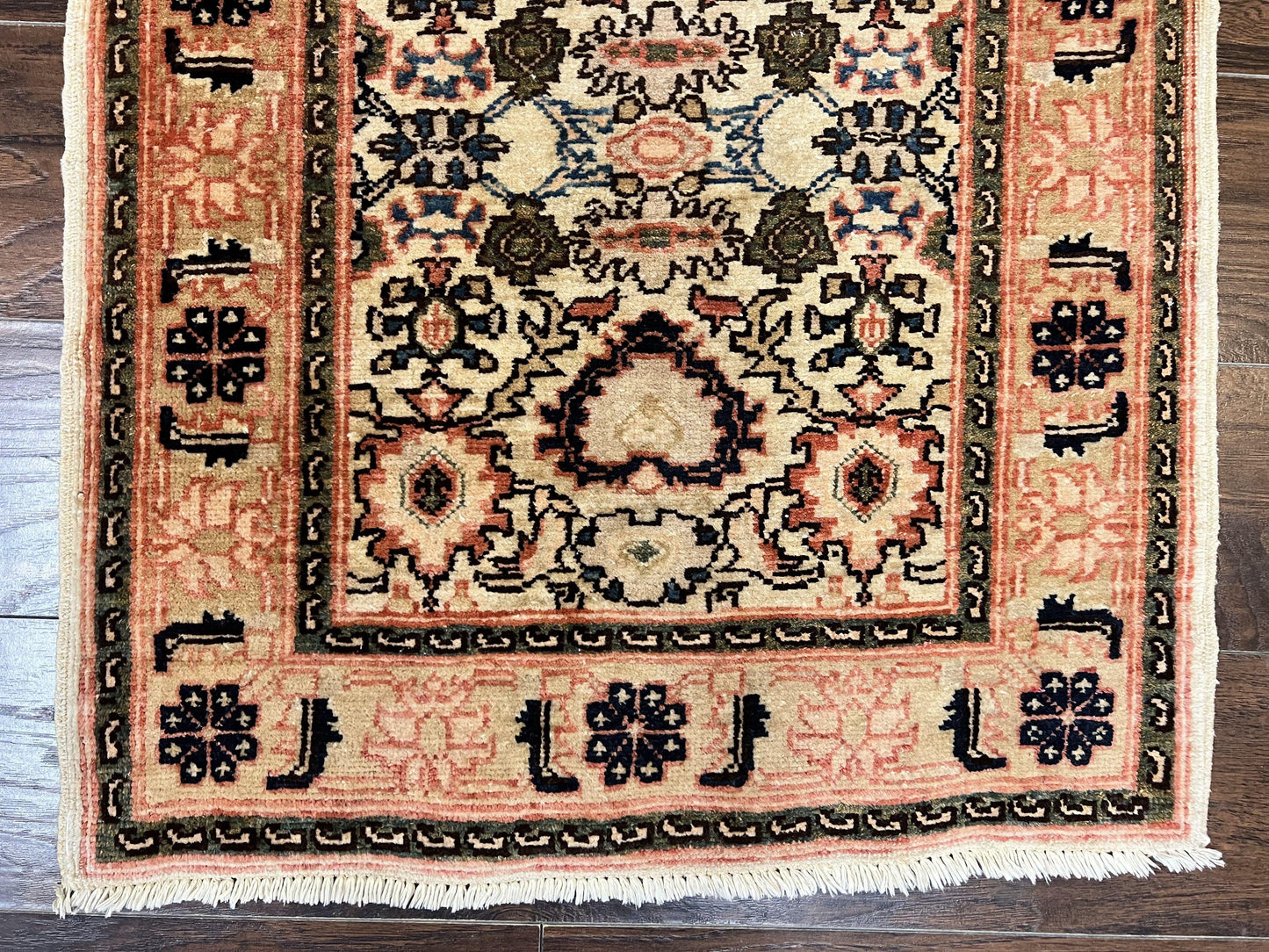 Romanian Wool Runner Rug Hand Knotted 2.6x12.9 Ft Floral Allover Vintage Tan Hallway