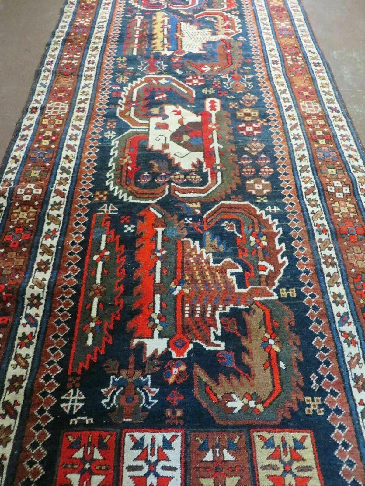 Antique Handmade Caucasian Wool Rug 3 Ft 7 In By 13 Ft 10 In Natural Dyes