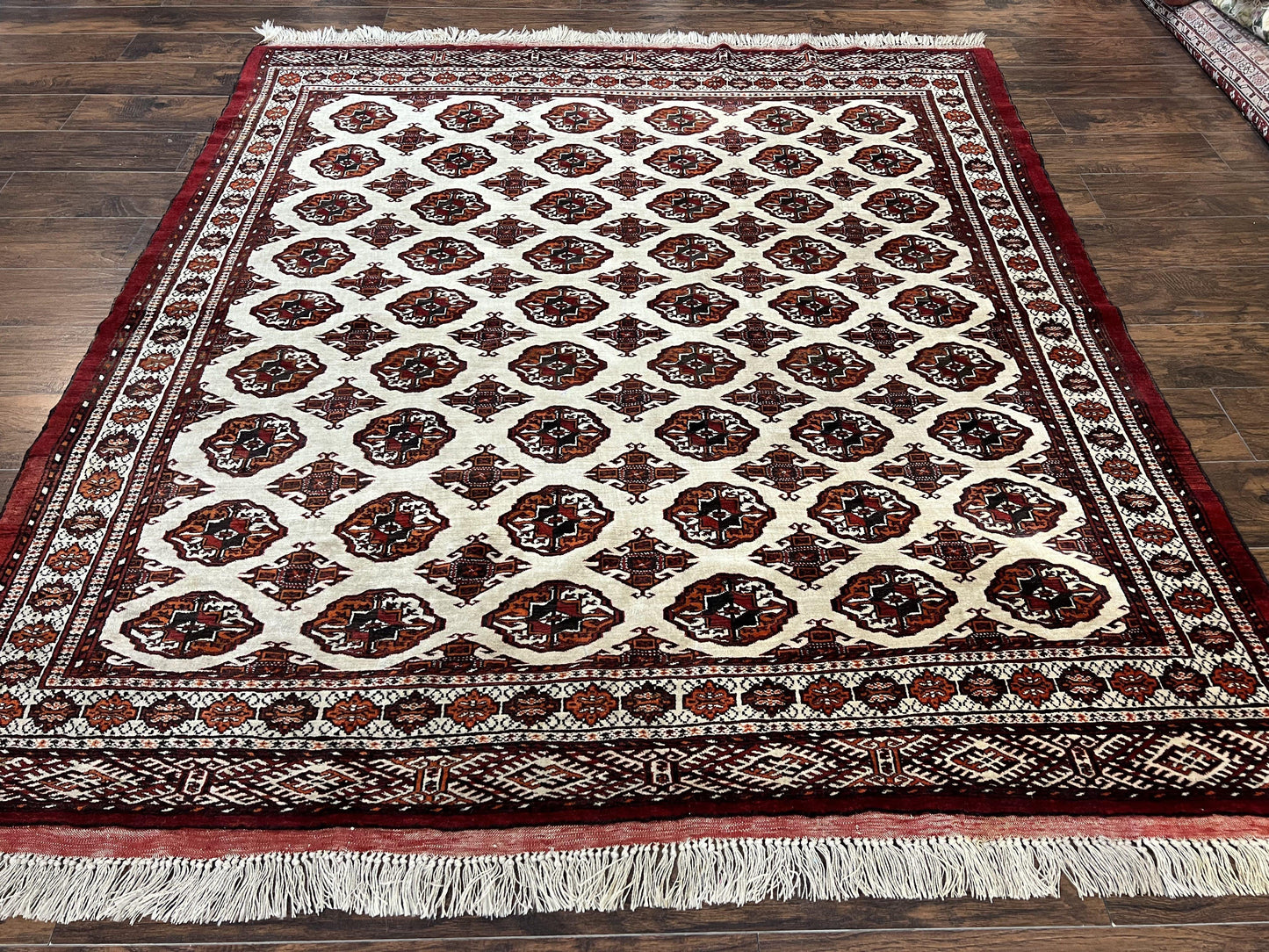 Persian Turkoman Rug Yamud 7x8 Hand Knotted Cream Red Bohemian Tribal Carpet