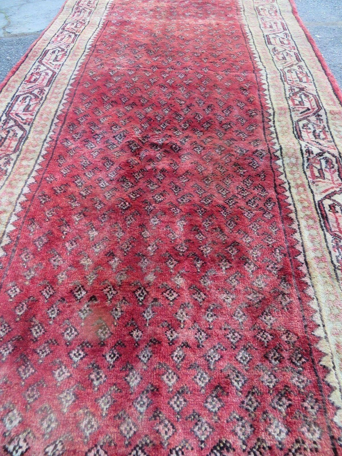 Antique Handmade Wool Runner Rug India Paisley Vintage Design 3 Foot 7 Inch by 10 Foot