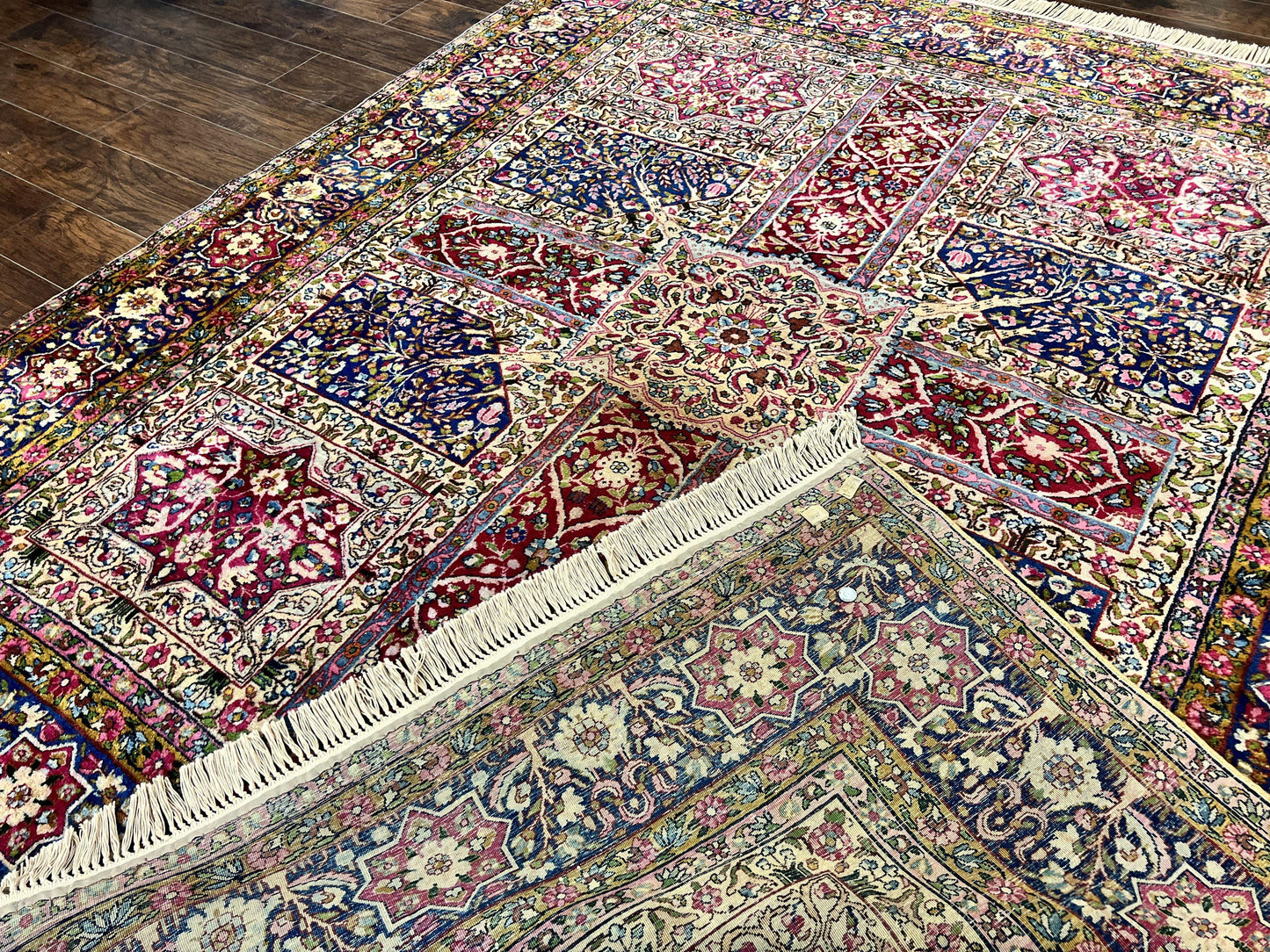 Persian Kirman Lavar Rug 8x9 Handmade Wool Carpet With Antique Floral Garden Panel Design