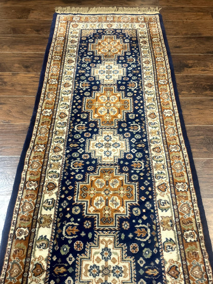 Indo Persian Kashmiri Wool Runner Rug 2.6x12.7 Navy Blue Geometric Medallions Handmade