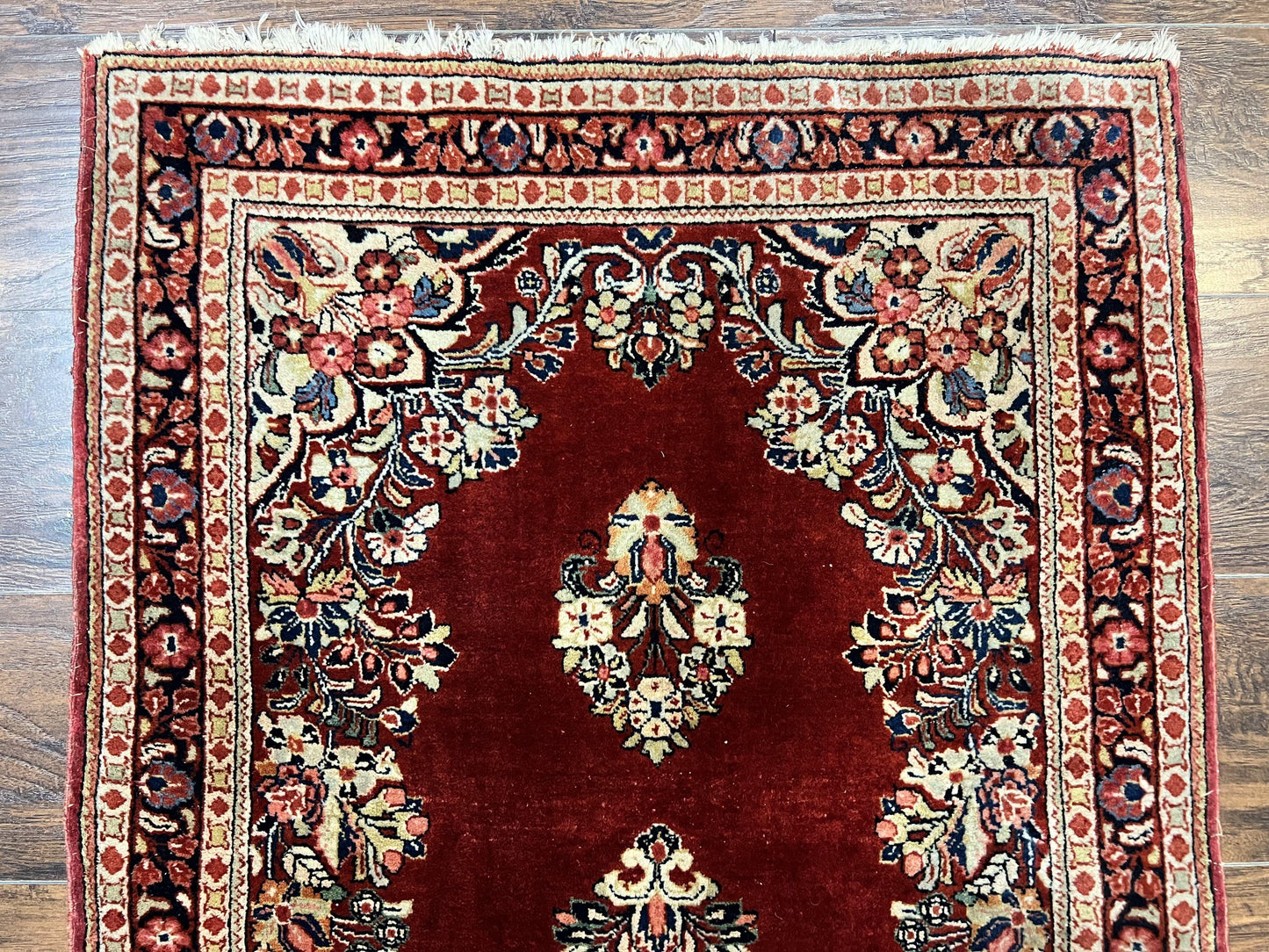 Persian Sarouk Runner Rug Handmade Wool Two Point Seven By Six Red Vintage Semi Antique