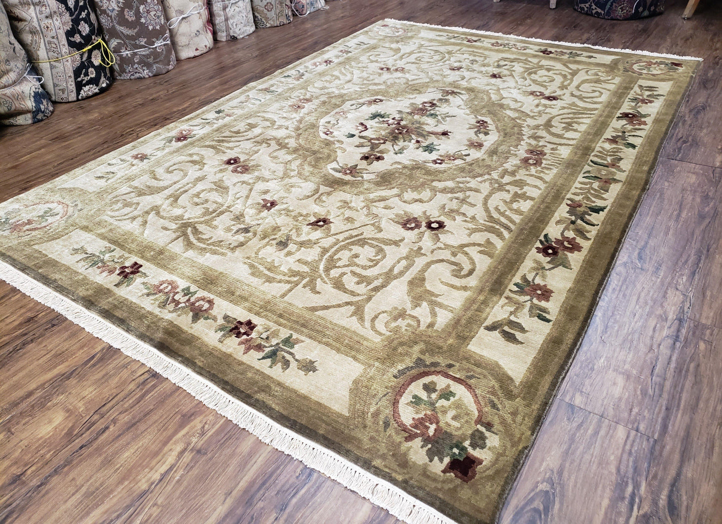 Vintage Nepali Tibetan Aubusson Wool Rug Hand Knotted 6x9 Cream Beige Leaves Floral Pattern