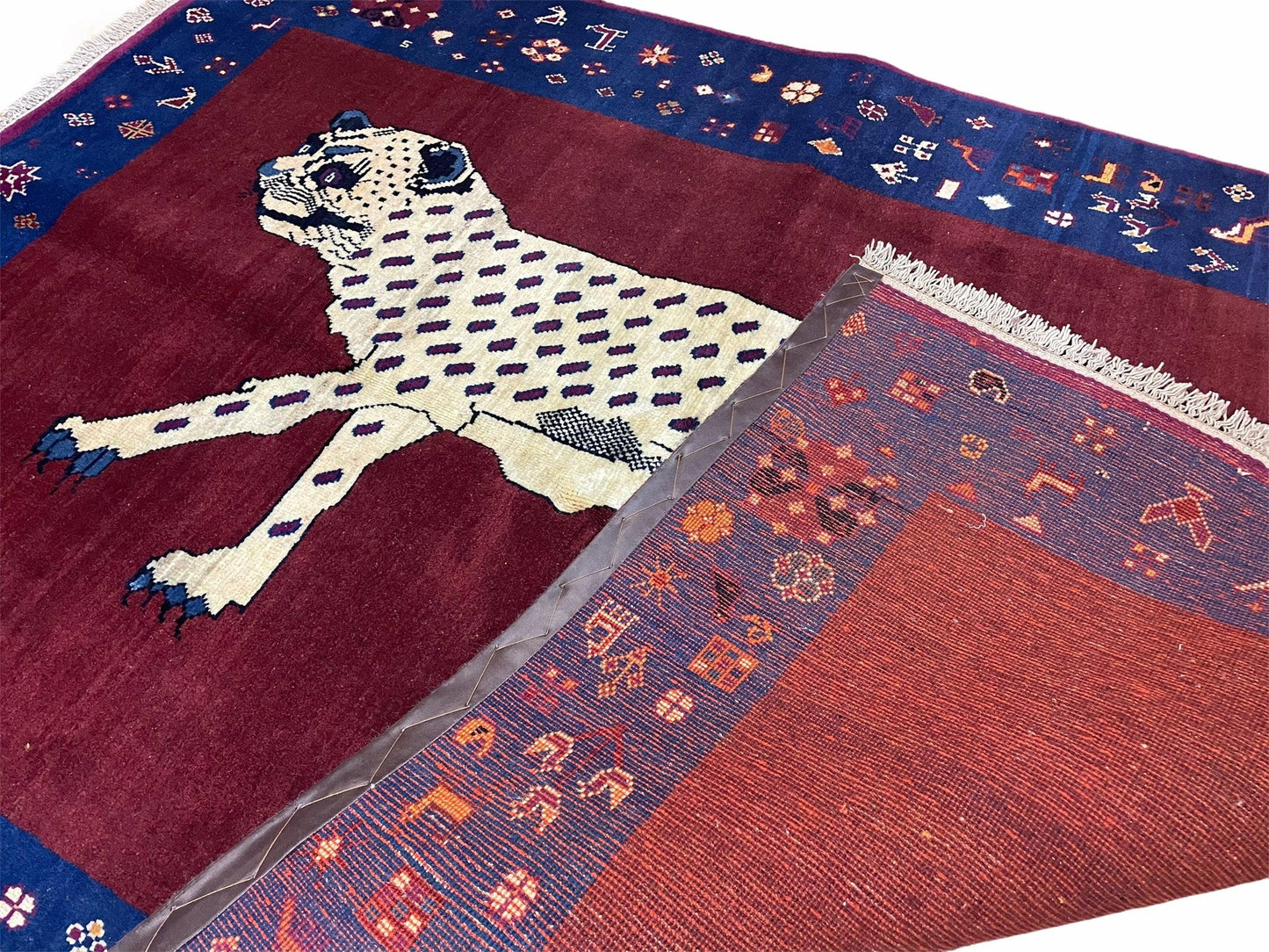 Zagros Wool Rug 5x7 Handmade With Organic Dyes Snow White Panther Maroon Blue
