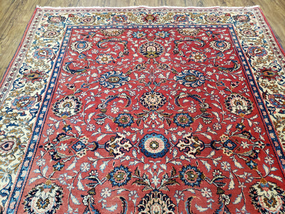 Persian Kashan Rug Semi Antique Hand Knotted Wool Red And Cream 4 Ft 8 In By 6 Ft 6 In