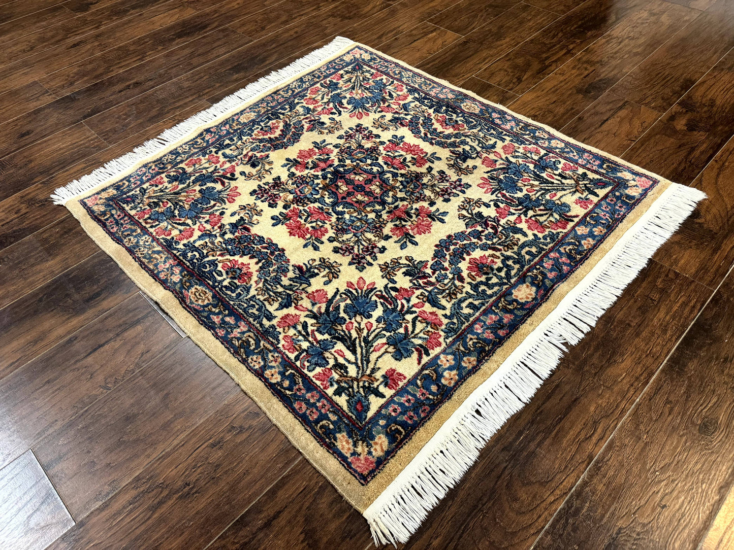 Persian Kerman Rug 4x4 Square Ivory Blue Pink Handmade 225 KPSI