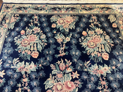 Sino Persian Rug 6x9 Navy Blue Floral Handwoven Wool Area Rug Vintage