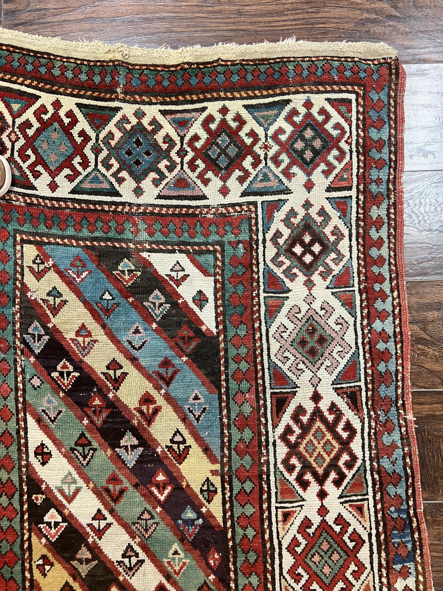 Caucasian Kazak Runner Rug Hand Knotted Wool Antique 1880s Ivory And Multicolor Striped Hallway Rug
