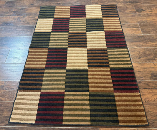 Vintage Power Loomed Wool Rug 3.6 X 5 Box Design In Brown Beige Black Tan
