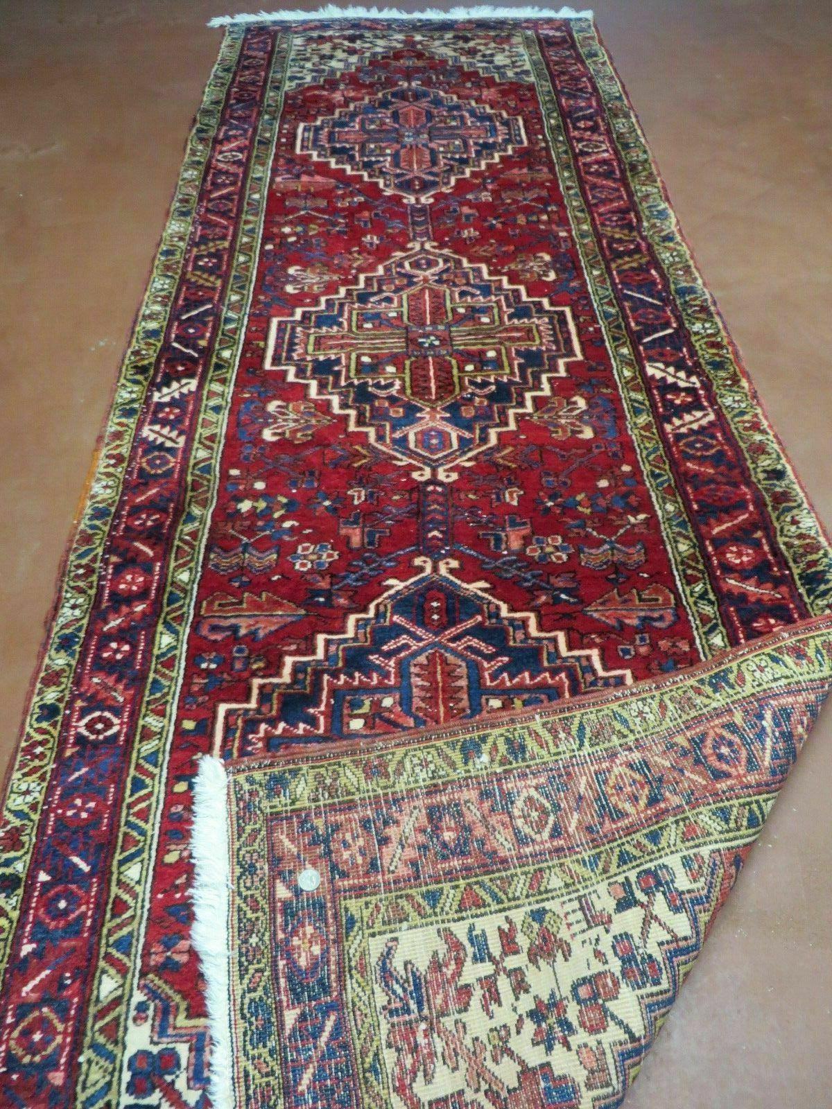 Heriz Persian Runner Rug Hand Knotted Wool Medallion Design Antique Oriental Hallway Rug 3 Ft 9 In By 10 Ft 8 In