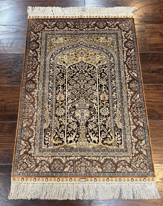 Turkish Hereke Silk Rug 2x3 Floral Vase Tree Of Life Birds Vintage Carpet