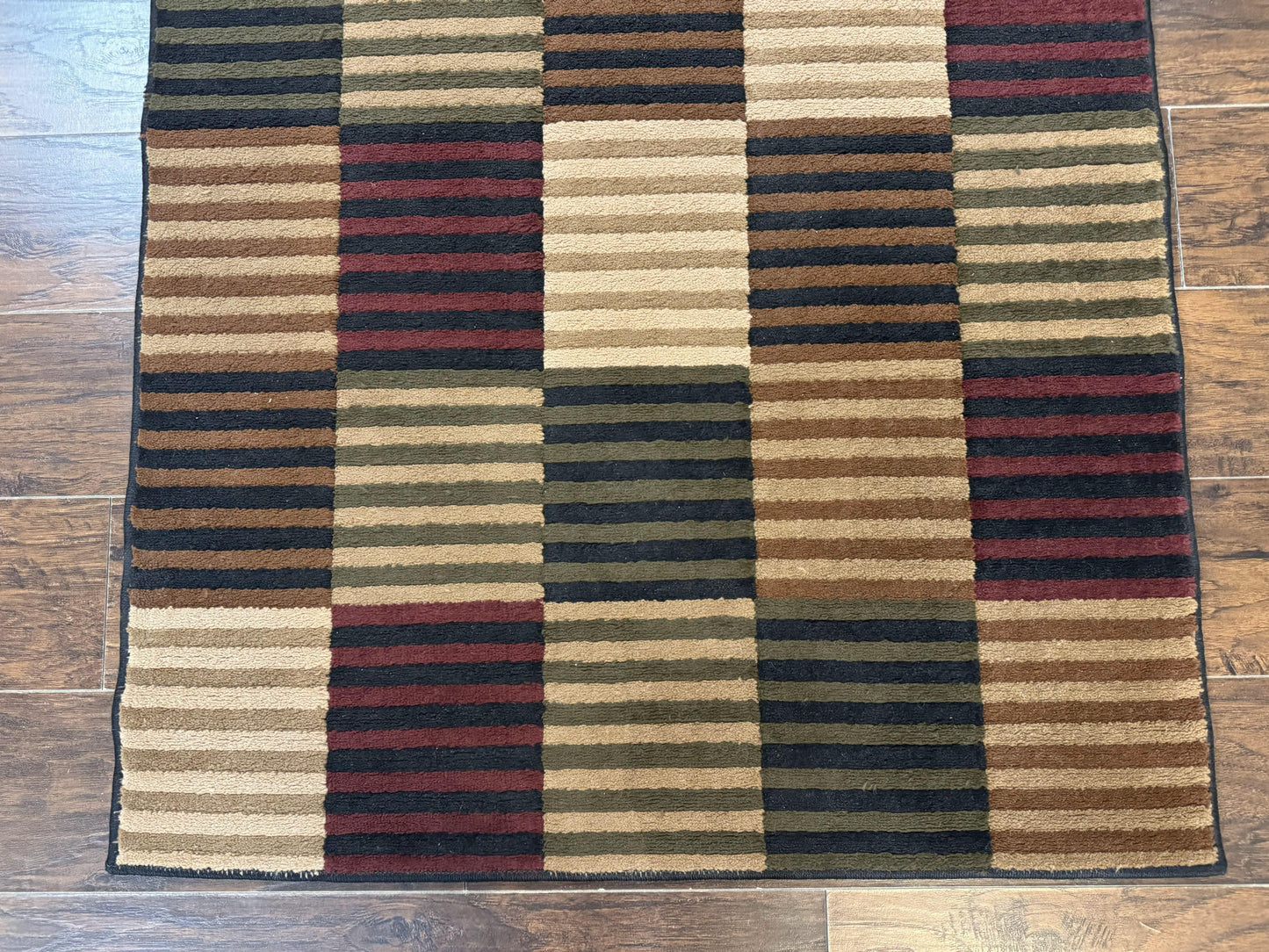 Vintage Power Loomed Wool Rug 3.6 X 5 Box Design In Brown Beige Black Tan