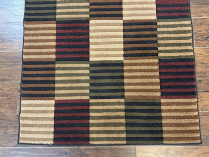 Vintage Power Loomed Wool Rug 3.6 X 5 Box Design In Brown Beige Black Tan