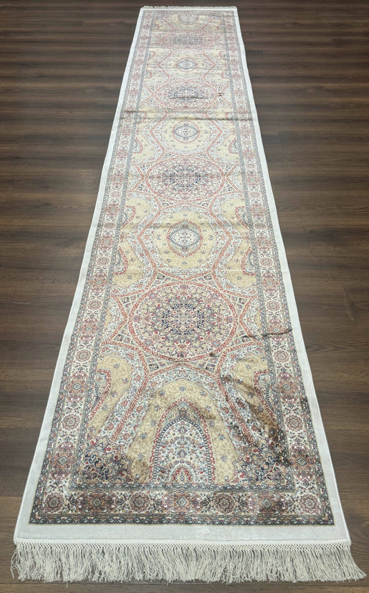 Turkish Silk Runner Rug 2.6x13 Dome Design Hereke Bamboo Silk Floor Runner