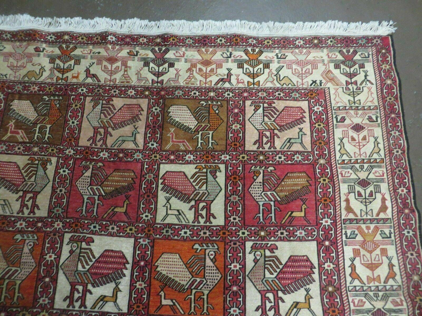 Vintage Russian Kilim Rug Handmade Flat Weave Soumak Silk Wool 4x6 Roosters Birds