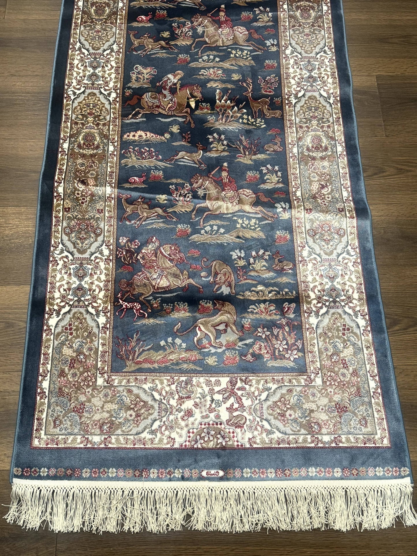 Turkish Silk Rug Runner 2.6 by 6.7 Blue Ivory Bamboo Silk Contemporary Design