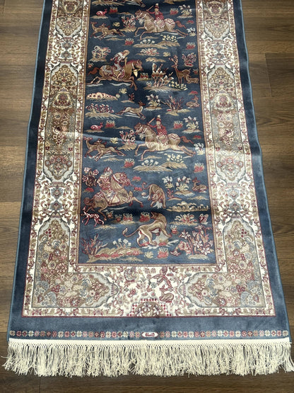 Turkish Silk Rug Runner 2.6 by 6.7 Blue Ivory Bamboo Silk Contemporary Design